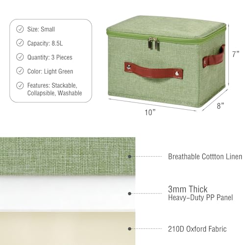 Image of 3PCS Storage Bins Boxes with Zippered Lids Cotton Linen Fabric Decorative Basket PU Leather Handles PP Plastic Board Foldable Lidded Shelf Closet Organizer Container (Light Green, Small)