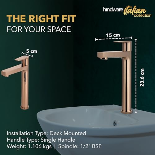 Image of Hindware Italian Collection F360002RGD Element Pillar Cock Tall,Brass with Rose Gold PVD Finish | 12-Year Manufacturer Warranty