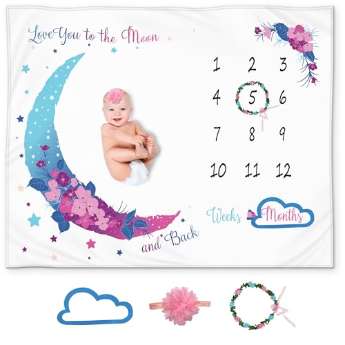 Image of KEMINA BLANKETS Baby Monthly Milestone Blanket Boy - Milestone Blanket for Baby Boy Includes Felt Frame, Month Blanket Baby Shower Baby Milestone Blanket, 50x40 (Blue Moon (Neutral))