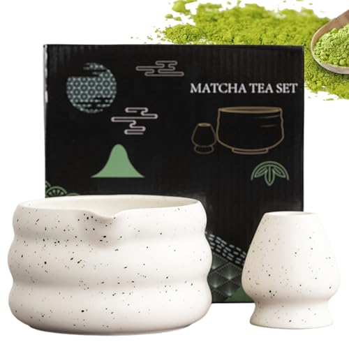 BAIFULAI Tazón de matcha de 2 piezas, cuenco de matcha con soporte para batidores y boquilla, juego de té japonés, cuenco de matcha japonés, accesorio para ceremonia matcha, color blanco