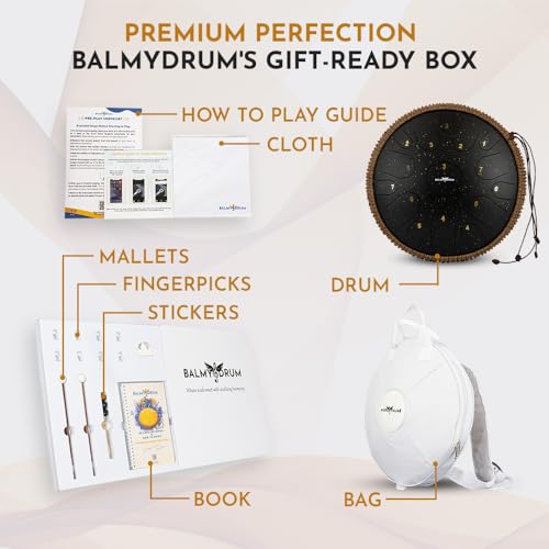 The Balmy Drum - 15 Note 14 Inch Steel Tongue Drum, Steel Drum Instrument, Drums For Children and Adults, Balmy Drum Set for Kids with Music Book, Handpan, Mallet and Carry Bag (Black)