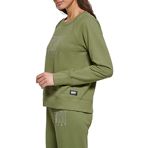 Dkny Women's Long Sleeve Crew Neck Rhinestone Logo Top, Army Green #TOP1