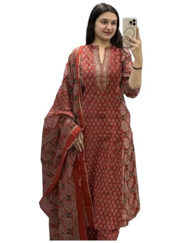 Image of GoSriKi Kurta Sets for Women Viscose Blend Printed | Kurti Set for Woman | Kurta Palazzo Dupatta Set | A Line Kurti | Mandarin Collar 3 /4 Sleeve Suit Set for Women Stylish Ethnic Outfit