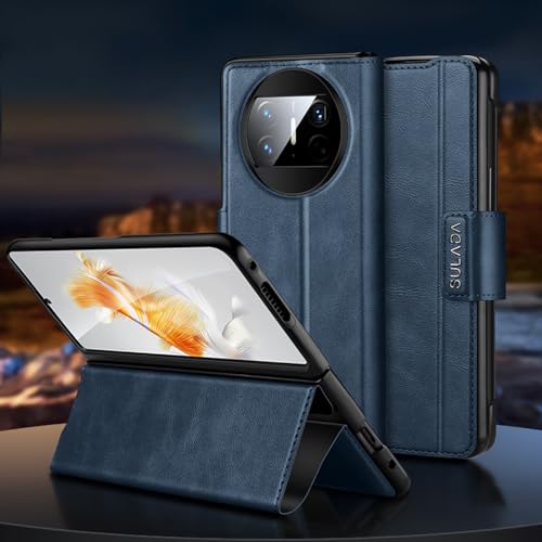 Étui Huawei Mate X3 en cuir bleu premium avec rabat magnétique et charnière renforcée