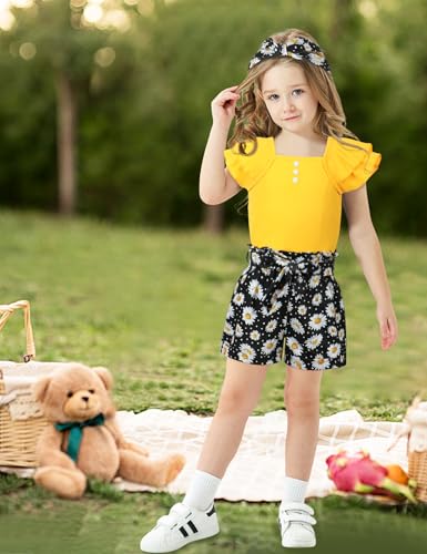 Image of Gaupafmb Toddler Girls Clothes Ruffle Short Sleeve Tops and Shorts Set with Headband 3PCs Outfits