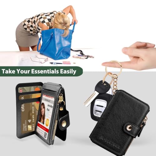 Image of M-Plateau RFID Blocking Slim Keychain Wallet for Women | PU Leather Wallet Keychain with ID Window & Zipper Pocket, Mini Credit Card Case for Daily Carry (Black)