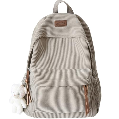 Teclado Kawaii Backpack with Cute Accessories Corduroy Casual Bookbags with Pendants Lightweight Laptop Bag Travel Daypacks (Grey)