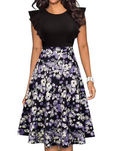 Image of YATHON Women's Vintage Ruffle Sleeve Floral A Line Cocktail Party Dresses