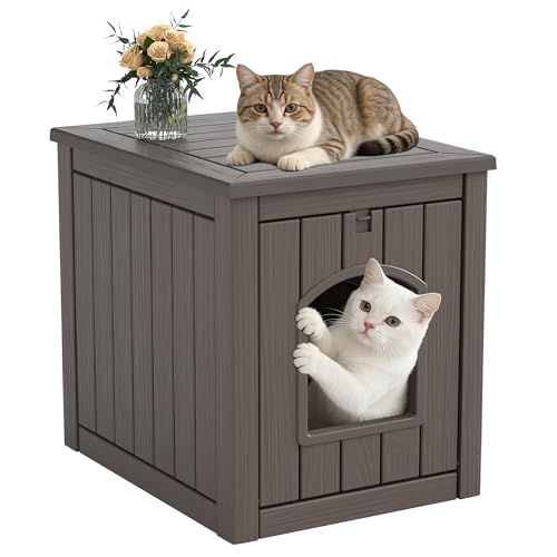 Image of Cat Litter Box Enclosure, Feral Outdoor Cat Enclosure Weatherproof for Winter Outside, Litter Box Furniture Fit Litter Box, Sturdy Resin Shelter for Living Room, Easy to Assemble, Grey