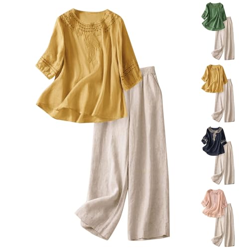 Matching Linen Sets Women Clothing Linen Clothes for Seniors Casual Dressy Short Sleeve Embroidered Tops and Lounge Capri Pants with Pockets Beach Vacation Plus Size Travel Outfits 2025
