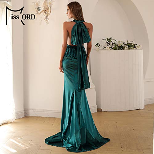 Miss ord Women\'s Sexy Satin V Neck Evening Bodycon Prom Dress, Formal Elegant Long Halter Party Bandage Gown Green - Thumbnail 4