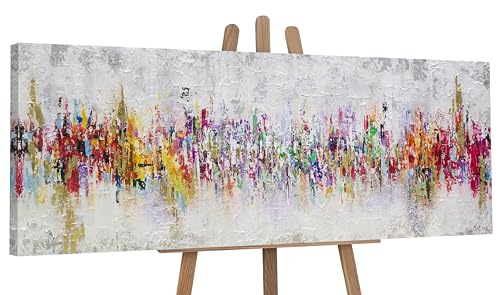 YS Art Pintura abstracta sobre lienzo en acrílico Abstracción II Colores claros con dorado Decoración del hogar Pintado a mano 150x50 cm