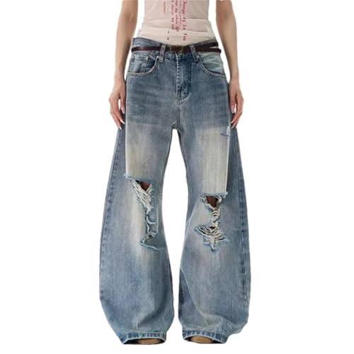 Men's American Style Distressed Jeans, Holes Design, Casual Loose Wide Leg Denim Trousers