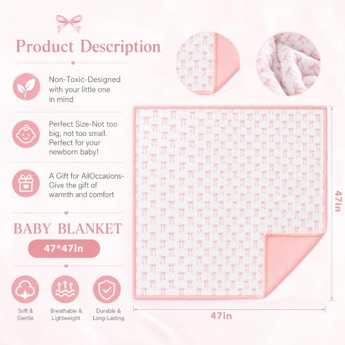Image of Muslin Baby Blanket for Girls Pink Bow Cotton Toddler Blanket