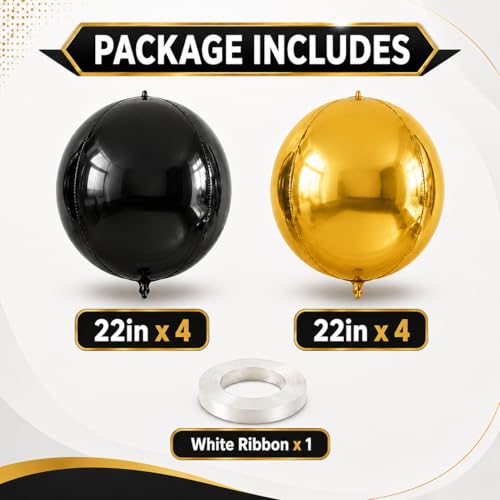 Image of 8 Pcs Black Gold Round Foil Balloons 22 Inch Metallic Gloden Black 4D Ball Balloons Ornament Mylar Balloon Chrome for Birthday Graduation Wedding Anniversary Prom New Year Disco Party Decor
