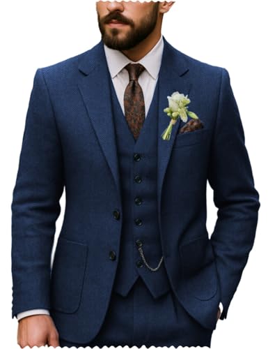 Men's Tweed Herringbone Slim Fit Suit 3 Piece Blazer Vest Pants for Wedding Grooms4