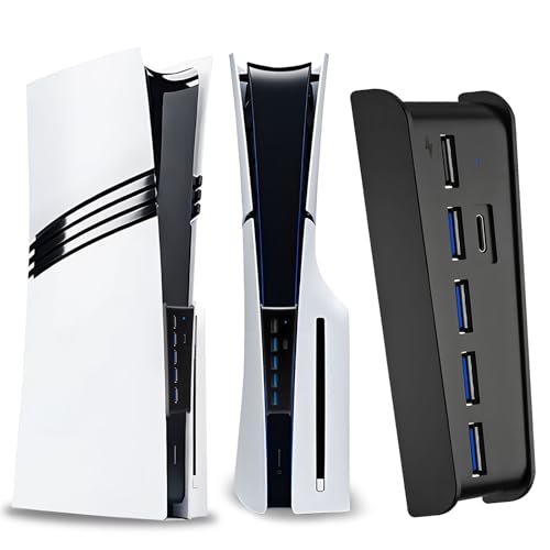 6 Port USB Hub für PS5 Pro & Slim Console Disc/Digital, High-Speed Extra Ports für PS5 Slim Pro Zubehör, Hub Ladegerät Splitter Adapter mit 4 USB 2.0 + 1 USB Ladeanschluss +1 Typ C 3.1