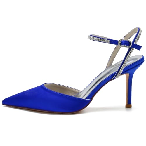 Women's Slingback Buckle Pumps Pointed Toe Satin Sexy Dress Wedding Party Ankle with Rhinestone Strap Bride Stiletto Heels3