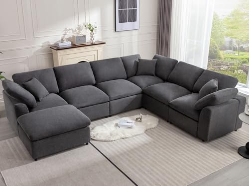 Siiejia Modular Sectional Sofa Modern Oversized Cloud Couch with Movable Ottoman 7 Seater L-Shaped Sofas Comfy Couches for Living Room Spacious Space Office Lounge, Dark Grey