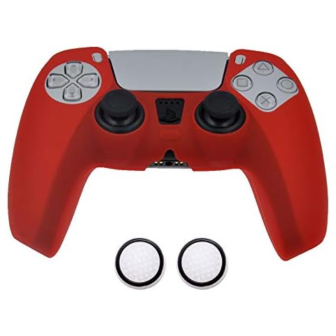 PS5 Controller Skins,Red Anti-Slip Silicone Case Cover for Playstation 5 Controller, PS5 DualSense Wireless Controller Accessories with 2 Noctilucous Thumb Grip Caps Cover