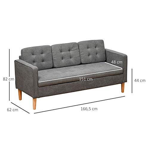 HOMCOM 3 Sitzer Sofa, Couch mit Stauraum, Holzbeine, Gepolsterter Polstersofa mit Samtoptik für Wohnzimmer, Schlafzimmer, 166,5 x 62 x 82 cm, Grau – Bild 4