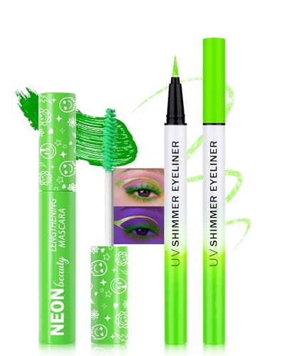Grün UV Neon Mascara & Eyeliner, Wasserfest Wimperntusche Volume and Lange, Glitter Liquid Eyeliner Bunt, UV Activated Makeup Long Lasting Fluorescent, Festival Zubehör für Weihnachten Karneval Party