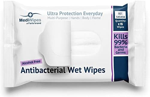 MediWipes 2-in-1 Antibacterial Hand Wet Wipes | 12 Packs of 15 | Alcohol Free | for Hands and Surfaces | 180 Wipes