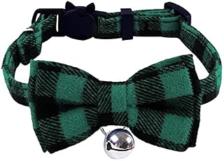 Green Plaid Cat Collars Quick Release Kitten Collar Bow Tie Safety Cat Bowtie Collars Christmas Cat Bow Collar With Bell Soft Tartan Collar Adjustable Pet Collars For Kitten Puppy Small Pets