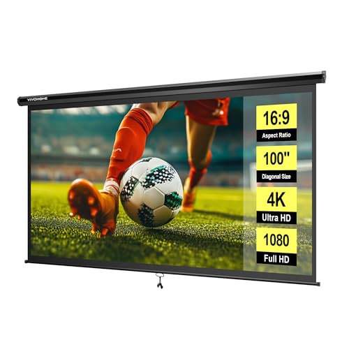 Image of VIVOHOME 100 Inch 16:9 Pull Down Projector Screen, HD 4K Retractable Movie Screen for Indoor Home Theater and Office, Manual Projection Screen with Auto Locking (87W x 49H Inch Display Area)