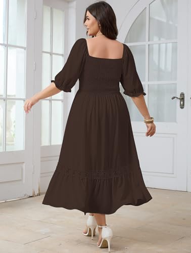 Image of SCOMCHIC Women's Plus Size Boho Maxi Dress Short Sleeve Square Neck Smocked Flowy A-Line Lace Trim Wedding Guest Dresses