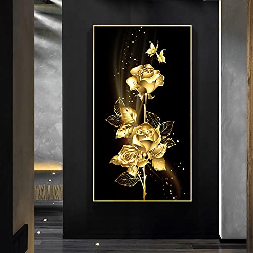 Toile d'art papillon doré affiche artistique rose fleur 60x120 cm