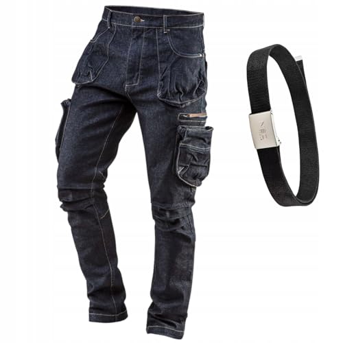 NEO TOOLS Denim Arbeitshose Herren mit Gürtel - Strapazierfähige & Universelle Arbeitshose Multi Taschen - Jeans Arbeitshose Herren Stretch Gr. 52