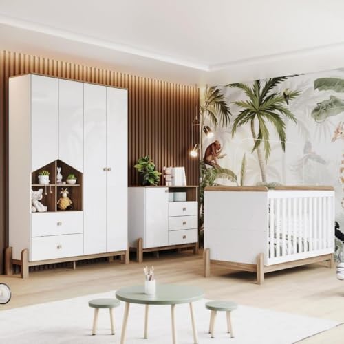 Henn - Quarto de Bebê Completo Berço 2 em 1 Guarda Roupa 4 portas e Cômoda Ternura Henn