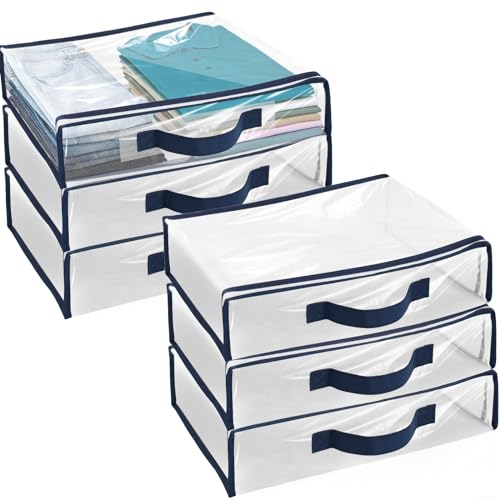 6 Packs Clear Zippered Storage Bags with Handles, Clothing & Closet Storage Bags for Sweater, Waterproof Blankets Storage Bags, Dustproof Bed Sheet Storage Bag Clear Moving Bags 15.7x11.8x3.9 Inch (A)