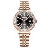 Poedagar Orologio casual di lusso per donna impermeabile con data orologio da donna elegante diamanti orologi al quarzo semplice orologio femminile, Oro rosa Nero
