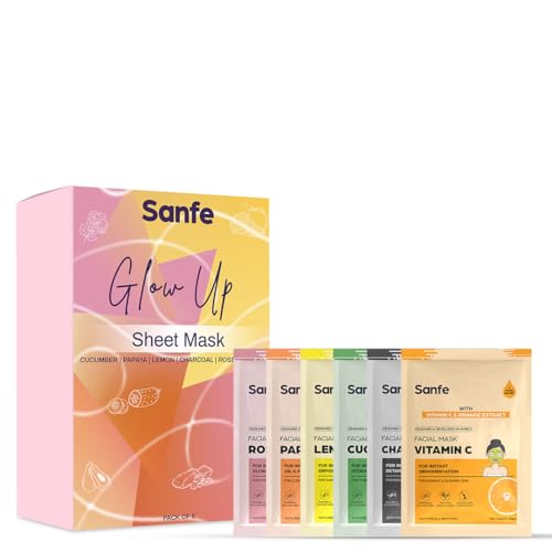 Image of Sanfe Glow Up Sheet Mask (Pack of 6) | Korean Facial Masks with Rose, Cucumber, Charcoal, Lemon, Papaya & Vitamin C | For Instant Glow, Hydration, Detan, Brightening & Oil Control | 150Gm