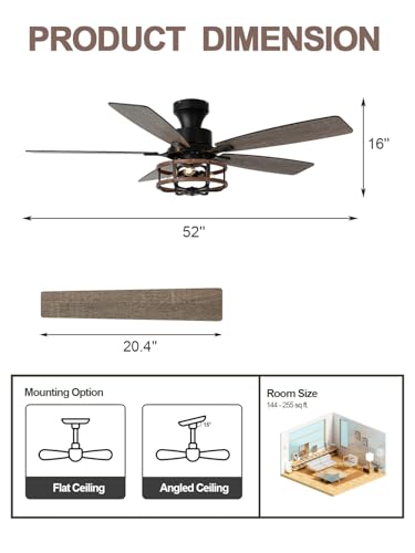 Image of 52 inch Farmhouse Rustic Flush Mount Caged Ceiling Fan with Light