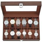 Ohuhu Watch Box with 12 Slots, Watch Case with Glass Lid, Watch Holder with Removable Velvet Pillows, PU Leather, Metal Clasp, Gift Idea for Birthday Valentine's Day
