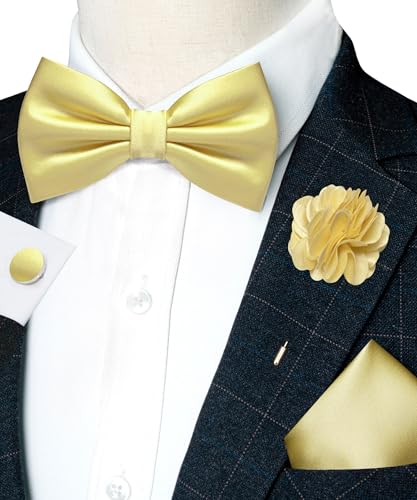 Image of RBOCOTT Solid Color Bow Tie and Pocket Square with Lapel Pin Cufflinks Set 4PCS