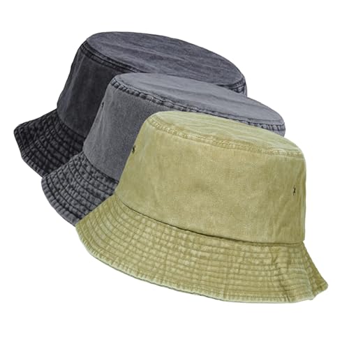 kozinu Crazy Era Washed Cotton Bucket Hats Packable Summer Outdoor Cap Travel Beach Sun Hat Plain Colors for Men Women 3 Pack, Ce-bh-black-gray-khaki, One size