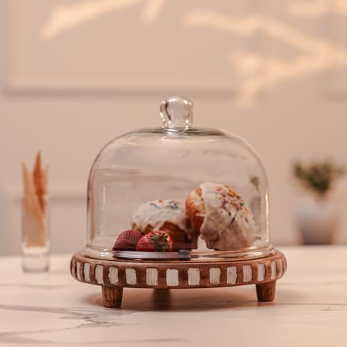 Image of Sugar Sphere Acacia Wood Cake Stand with Glass Dome | Cake Plate with Dome Lid | Multipurpose Serving Stand for Wedding Birthday Parties | Dessert Display