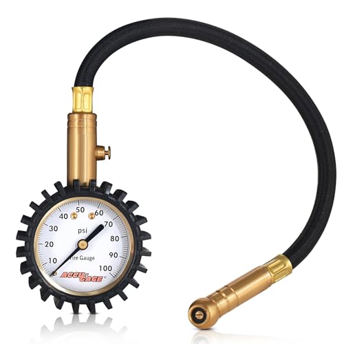 Image of Accu-Gage RH100XA Tire Pressure Gauge with Hose and Protective Rubber Guard, Angled Swivel Chuck, 100 PSI