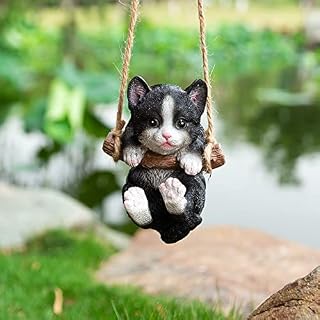 HYFAN Escultura de resina para gatos pequeños, para exteriores, jardín, oficina, habitación, decoración para colgar, estatua, decoración para mascotas, decoración con cuerda, color negro