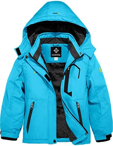 GEMYSE Girl's Waterproof Ski Snow Jacket Fleece Windproof Winter Jacket with Hood (Light Blue,14/16)