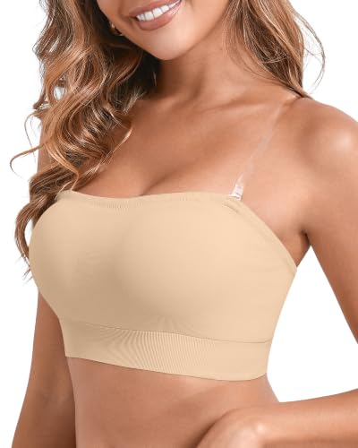 Image of DEANGELMON Strapless Bras for Women Wireless Push Up Non-Slip Bandeau Bra Seamless Clear Straps TubeTop Padded Bralette