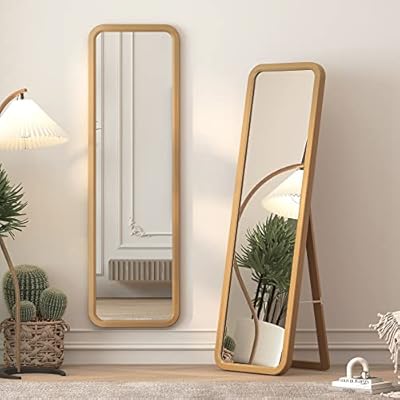 LVSOMT Wooden Full Length Mirror, Full Body Mirror, Standing Floor Mirror, Solid Wood Frame, Rounded Corner, Stand Up or Wall-Mounted, Dressing Mirror for Bedroom, Rustic Mirror, 63"×18”,Wood