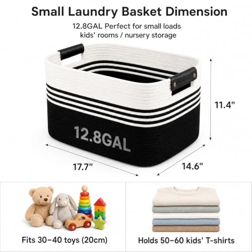 Image of Cotton Rope Laundry Basket Small, 12.8GAL Collapsible Woven Storage Baskets for Living Room Kids Toys Stuffed Animal,Boho Rectangular Decorative Short Hamper for Dirty Clothes, Blankets White Black