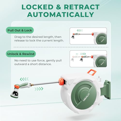 HIRALIY Retractable Garden Hose Reel 1/2'' x 100 ft + 6 ft, Super Heavy Duty, Any Length Lock, Automatic Rewind, Wall Mounted and 180° Swivel Bracket