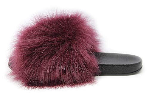 Image of Faux Fur Slides for Women, Fuzzy Slippers Fluffy Sandals Furry House Shoes Indoor Outdoor