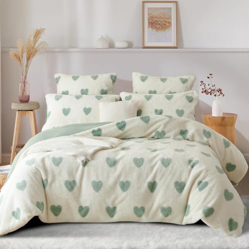 Nyescasa Plüsch Bettwäsche 220x240 Grün Herzen Warme Winter Flauschig...
